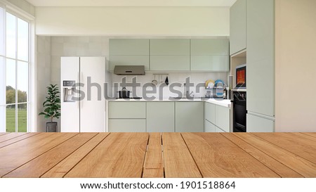 Empty clean and polished wooden table in the kitchen room with nobody for home commercial products display. 3D render image showing home decoration, Advertising, Mock up, Background.