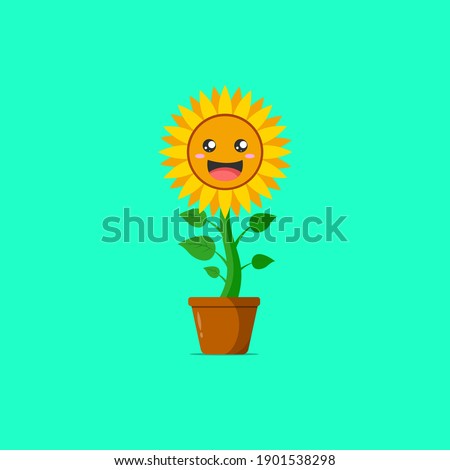 Sunflower character isolated on a green background. Sunflower character emoticon illustration