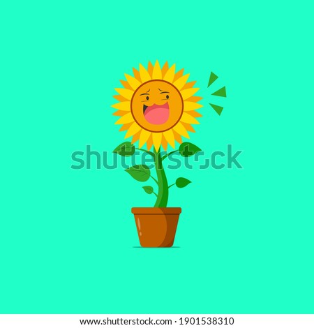 Sunflower character with mocking face isolated on a green background. Sunflower character emoticon illustration
