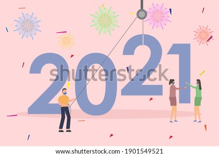 New Year planning vector concept. Business people wearing face mask and arrange number 2021
