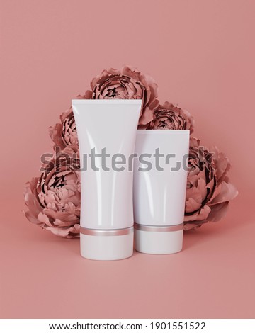 A mock up of realistic White blank cosmetic tube isolated on light pink floral background, 3d rendering , 3D illustration