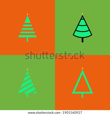 Four different Christmas trees on orange and dark green background.