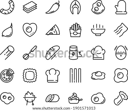 Food line icon set - Hot Bowl, chief hat, french fries, pizza piece, salami, omelette, julienne, coffee mill, fish steak, bbq, chef, whisk, cooking glove, love egg, timer, bread, pepper, garlic