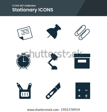 icon set of office stationary note, clip, pen calculator and many more. with solid style vector. suitable use for web app and pattern design.