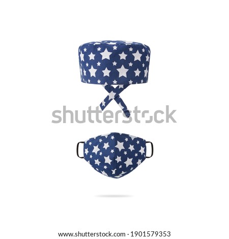 Blue textile medical cap and fabric mask with ties for doctor, surgeon isolated on white background.
