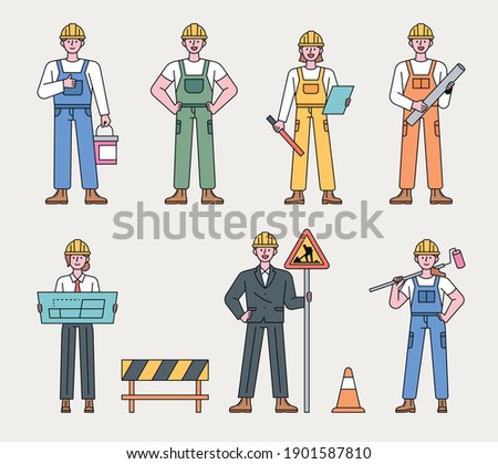 Worker character at construction site. Construction workers in various positions stand with their own tools. flat design style minimal vector illustration.