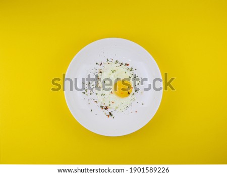 fried egg on a white plate on yellow background