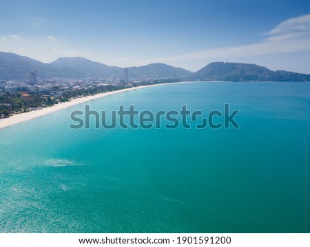 Phuket Thailand. Landscape aerial view of drone Scene of lake or sea and coast, Sea yachts at sea and sandy beaches, At Patong Beach, Phuket, Phuket, Thailand. On Jan, 2021.