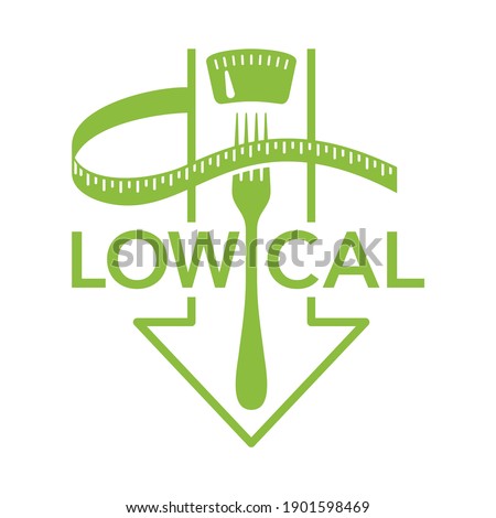 Low cal food flat icon - stamp for packaging of low calories diet products - weight scales with fork and arrow down Royalty-Free Stock Photo #1901598469