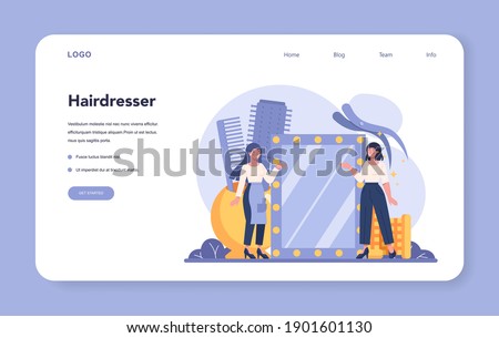Hairdresser web banner or landing page. Idea of hair care in salon. Scissors and brush, shampoo and haircut process. Hair coloring and styling. Isolated vector illustration