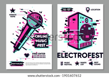 Online party vector banner. Posters set with microphone and audio system. Event show background, electronic style. Glitch trendy illustration. Dance festival banner template.