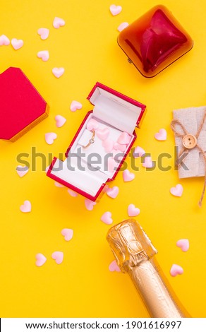 Greeting card. Valentine's Day. Pink gifts, on a pink yellow background, top view. Valentine's Day, March 8, Women's Day, Birthday. Mother's Day