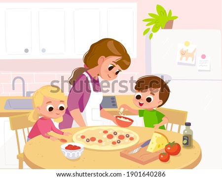 Mother with children preparing, cook homemade pizza. Mom with kids, son and daughter in kitchen teaches  how to cook.