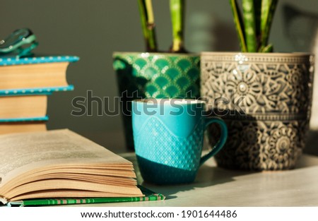 Distance home education: pile of books in colorful covers, glasses, cup of tea and Sansevieria (snake plant) in ceramic pots on a white table on the background of a bed with decorative pillows.