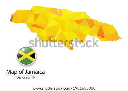 Abstract Polygon Map and Button Flag - Vector illustration Low Poly Color Yellow Jamaica map of isolated. Vector eps10.