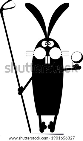Cartoon rabbit plays golf illustration. Funny rabbit with a golf club and golf balls black on white
