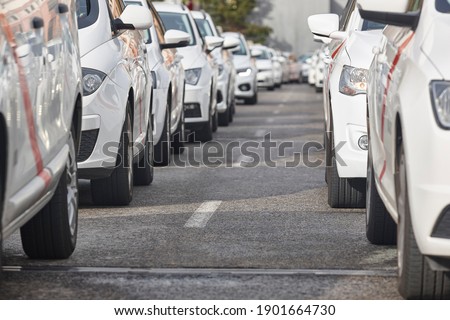 Urban city transportation. Several taxis vehicles in line. Cab stop