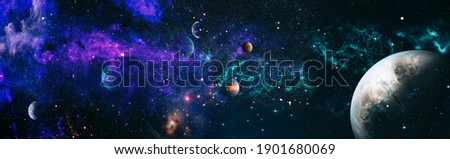 Panorama view universe space. Cosmic landscape, beautiful science fiction wallpaper with endless deep space. Elements of this image furnished by NASA Royalty-Free Stock Photo #1901680069