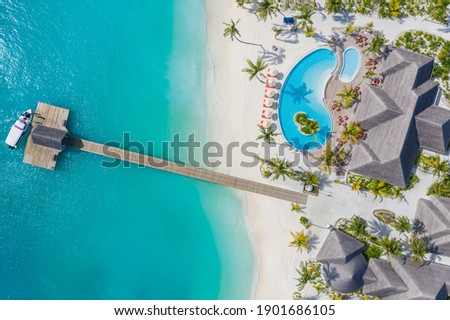 Aerial photo of beautiful Maldives paradise tropical beach. Amazing view, blue turquoise lagoon water, palm trees and white sandy beach. Luxury travel vacation destination. Sunny aerial landscape Royalty-Free Stock Photo #1901686105