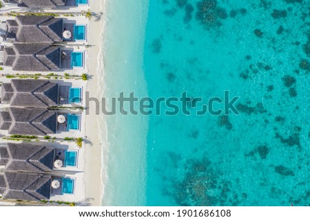 Aerial photo of beautiful Maldives paradise tropical beach. Amazing view, blue turquoise lagoon water, palm trees and white sandy beach. Luxury travel vacation destination. Sunny aerial landscape