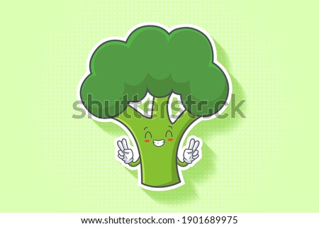 CONTENT, HAPPY , GRIN SMILE, CHEERFUL Face Emotion. Double Peace Finger Hand Gesture. Broccoli Vegetable Cartoon Drawing Mascot Illustration. Royalty-Free Stock Photo #1901689975