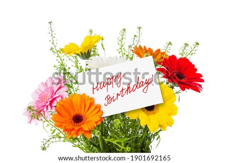 Flowers bouquet and greeting card isolated on white background