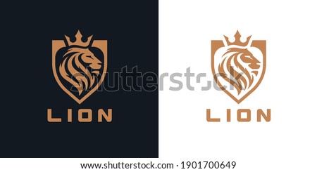 Lion head shield logo icon. Royal gold crown badge symbol. Premium king animal sign. Vector illustration. Royalty-Free Stock Photo #1901700649