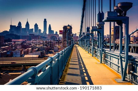 The Ben Franklin Bridge Walkway and skyline, in Philadelphia, Pennsylvania.