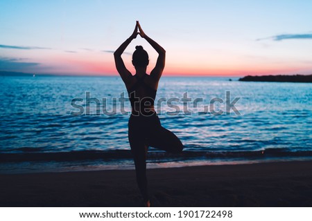 Back view of fitness girl doing regular yoga practice for creates mental clarity and mind calmness, muscular woman in tree pose training asana during spiritual exercise for search zen and chakra