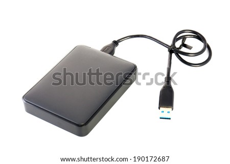 Portable external HDD hard disk drive with USB cable on white background.