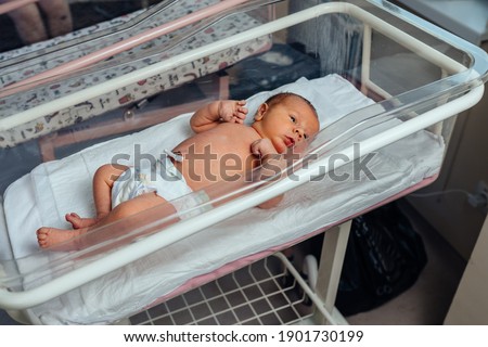 Newborn baby boy in diaper in maternity hospital lying in bassinet. Royalty-Free Stock Photo #1901730199