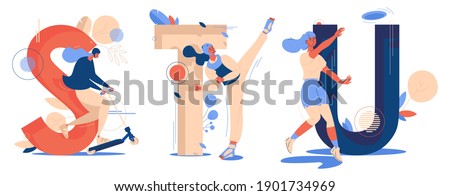 Letters S for scooter riding, T for taekwondo, U for ultimate sport. Educative illustrations collection with women training and having fun being active. Concept abc characters Royalty-Free Stock Photo #1901734969