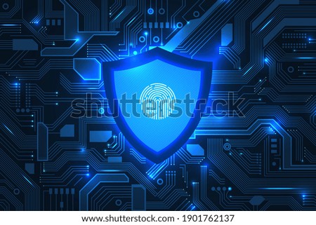 Cyber security. Online information protect, internet digital technology background. Save data, fingerprint on shield recent vector concept Royalty-Free Stock Photo #1901762137