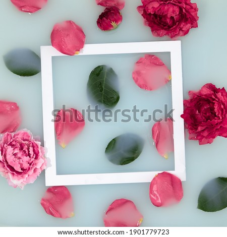 Bath with rose petal background. Flat lay with flower petal and green leaf. Creative wellness layout with white frame