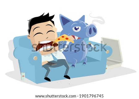 lazy asian businessman sitting on the sofa eating pizza with his inner pig dog