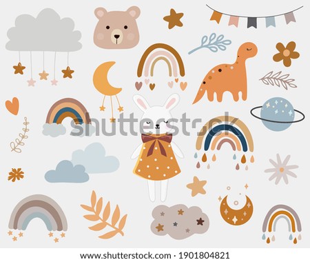 Vector  boho clipart for nursery decoration with cute rainbows, moon, bunny , cloud, stars. Modern illustration. Perfect for baby shower, birthday, children's party. 
