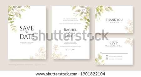 Set of floral wedding Invitation card, save the date, thank you, rsvp template. Watercolour and golden leaves. Royalty-Free Stock Photo #1901822104