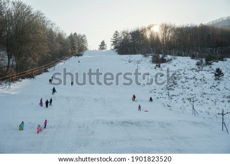 People sledge downhill in the winter