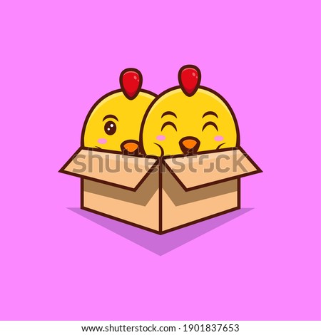 Cute Chickens Insaide cardboard Box Cartoon Icon Illustration