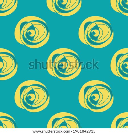 Abstract scribbled painterly circle vector seamless pattern background. Hand drawn brush stroke ring shapes yellow aqua blue backdrop. Bold swirl design. All over print for summer beach concept