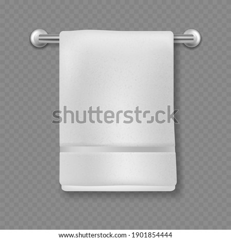 White towel. Realistic bathroom soft cotton textile. Clean bathroom kitchen or beach luxury towels hanging on hanger, personal hygiene item, 3d vector isolated on transparent background illustration Royalty-Free Stock Photo #1901854444