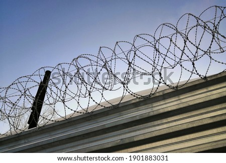 Barbed wire over a metal fence against the sky. Barbed wire on the prison fence