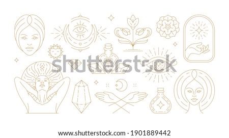 Magic woman boho vector illustrations of graceful feminine women and esoteric symbols set. Mysterious and witchcraft line art design elements. Bohemian silhouettes for greeting card, logo or poster. Royalty-Free Stock Photo #1901889442