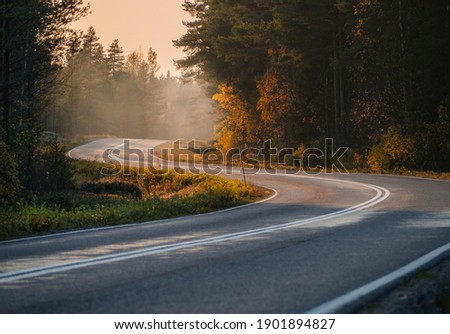 Foggy autumn road in Finland Royalty-Free Stock Photo #1901894827
