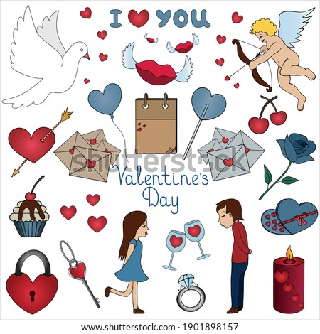 Happy Valentines Day. Set of vector illustrations. Isolated white background. Romantic collection. Angel, dove, heart, love, couple, lips, letters in an envelope, notebook, lettering. Cartoon style. 