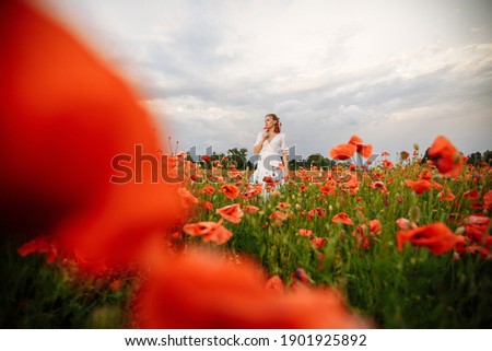 girl in a field of poppies, through flowers