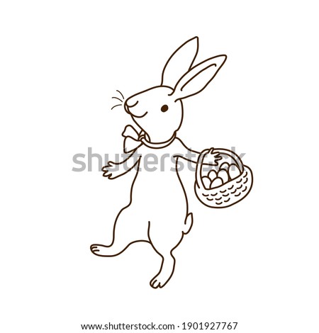 Easter rabbit carries basket with easter eggs. Hand drawn doodle vector illustration. Brown outline isolated on white background. 