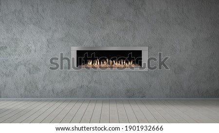 Fireplace on grey concrete wall in empty living room interior of house.