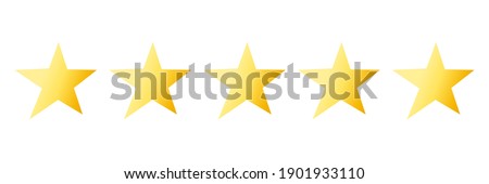 Quality rating bright icon with five yellow stars isolated on white. Evaluation of goods, writing reviews of delivery, hotels, shops. Vector illustration. Flat.