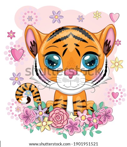 Cute cartoon tiger with beautiful eyes, bright, orange among flowers, hearts, greeting card.